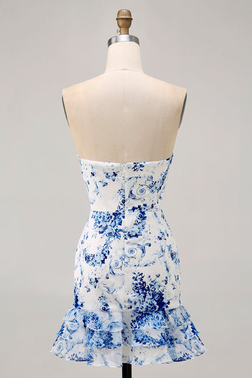 White Blue Flower Bodycon Strapless Printed Short Homecoming Dress